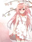  1girl artist_request blush braid breasts cherry_blossoms commentary_request dress eyebrows_visible_through_hair eyes_visible_through_hair flower girls_frontline hair_flower hair_ornament medium_breasts negev_(girls_frontline) pink_hair red_eyes solo sundress white_dress 