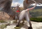  2019 anus avian beak day detailed_background digital_media_(artwork) feathered_wings feathers female feral gryphon hi_res kodardragon open_mouth orange_eyes outside pussy sky smile solo tongue wings 