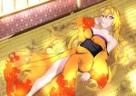  1girl absurdres ahoge bare_shoulders blonde_hair breasts cleavage highres japanese_clothes kimono large_breasts long_hair looking_at_viewer lying on_back parted_lips patterned_kimono purple_eyes rwby solo very_long_hair violet_eyes yang_xiao_long 