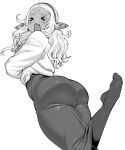  &gt;_&lt; 1girl ass commentary_request crossed_arms elf-san_wa_yaserarenai. fang from_behind highres huge_ass kuroeda-san leg_lift leg_up long_hair mole pointy_ears simple_background skirt solo synecdoche thick_thighs thighhighs thighs wide_hips 
