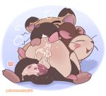  balls boss_(hamtaro) buckteeth cum cum_drip cum_in_ass cum_inside dripping hamster hamtaro_(series) heavy_breathing laying_on_stomach male male/male mammal messy penis petting puggy rodent simple_background size_difference snoozer_(hamtaro) spread_legs spreading teeth 