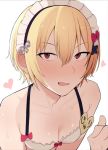  1girl blonde_hair blush bow breasts cleavage collarbone hair_between_eyes hair_bow heart idolmaster idolmaster_shiny_colors irogomi red_eyes saijou_juri short_hair small_breasts solo translation_request white_background 