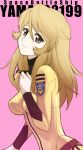  1girl blonde_hair bodysuit breasts breasts_apart brown_eyes character_name copyright_name from_side hair_between_eyes head_tilt kikumaru_bunta long_hair long_sleeves medium_breasts mori_yuki pink_background solo uchuu_senkan_yamato uchuu_senkan_yamato_2199 upper_body yellow_bodysuit 