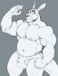  2018 5_fingers anthro balls barely_visible_genitalia biceps bulge clothed clothing flaccid grey_background greyscale hi_res kihu macropod male mammal marsupial monochrome musclegut muscular muscular_male nipples pecs penis simple_background solo topless underwear 