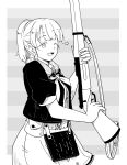  1girl apron commentary_request cowboy_shot flight_deck fujinoki_(horonabe-ken) greyscale gun intrepid_(kantai_collection) kantai_collection looking_at_viewer m1903_springfield monochrome neck_pillow neckerchief one_eye_closed ponytail rifle short_hair solo striped striped_background weapon 