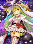  1girl alina_gray bangs blue_earrings blush bow breasts cape earrings edobox green_eyes green_hair hair_between_eyes hair_ornament hand_on_own_cheek hand_up hat jewelry long_hair long_sleeves looking_at_viewer magia_record:_mahou_shoujo_madoka_magica_gaiden mahou_shoujo_madoka_magica mask mask_removed puffy_long_sleeves puffy_sleeves rainbow_background red_bow shirt skirt small_breasts smile solo standing thighhighs white_cape white_headwear white_shirt white_skirt wings 