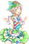  1girl ;d aoba_moka aqua_eyes bang_dream! blue_neckwear blush collared_shirt commentary_request cowboy_shot green_headwear green_skirt grey_hair ito22oji light_bulb looking_at_viewer name_tag neckerchief one_eye_closed open_mouth pom_pom_earrings shirt short_hair shorts shorts_under_skirt sideways_hat simple_background skirt smile solo v visor_cap w waitress white_background wrist_cuffs 