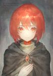 black_cape cape dated grey_background hair_between_eyes hand_up looking_at_viewer pixiv_fantasia pixiv_fantasia_last_saga red_eyes red_hair short_hair smile solo twitter_username upper_body watermark waterstaring 