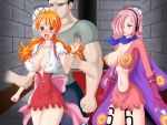  2girls breasts cleavage large_breasts long_hair multiple_girls nami_(one_piece) one_piece orange_hair pink_hair tattoo vinsmoke_reiju 