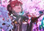  1girl armor blush flower gloves long_hair lora_(xenoblade_2) nintendo parted_lips red_hair shioaji_(siolog) short_hair simple_background smile solo xenoblade_(series) xenoblade_2 xenoblade_2:_ogon_no_kuri_ira yellow_eyes 