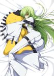  1girl bangs bed_sheet blush bodysuit breasts c.c. cameltoe cheese-kun code_geass from_above green_hair highres hug long_hair looking_at_viewer lying on_side shiny shiny_hair skin_tight solo straitjacket stuffed_animal stuffed_toy white_bodysuit yellow_eyes yu-ta 