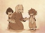  1other 2girls deltarune dress eyes_closed facing_another food freckles furry goat_horns hair_over_eyes hair_over_one_eye hand_holding jewelry kneeling ko-on_(ningen_zoo) kris_(deltarune) multiple_girls necklace no_shoes pie sepia shirt short_hair shorts standing susie_(deltarune) t-shirt toriel twitter_username 