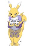  anthro arm_warmers armwear black_sclera blue_eyes bottomless claws clothed clothing digimon digimon_(species) female fur hi_res mega_milk meme numinex pubes renamon solo tongue tongue_out white_fur yellow_fur 