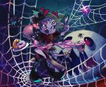  1girl black_footwear black_hair blurry blurry_background blush bow bug coin cup dark_background doughnut extra_arms extra_eyes fangs food hair_bow hand_up heart highres insect_girl liquid monster_girl muffet muffet&#039;s_pet multiple_arms open_mouth plate puffy_short_sleeves puffy_sleeves purple_skin red_bow short_hair short_sleeves silk smile spider spider_girl spider_web teacup teapot two_side_up ukata undertale 
