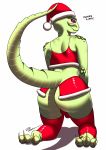  3_toes absurd_res butt christmas claws clothed clothing dickgirl hat hi_res holidays intersex kneeling lizard looking_at_viewer looking_back numinex pink_eyes purple_sclera raised_tail reptile scalie simple_background smile solo toe_claws toes uel white_background 