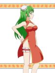  1girl alternate_costume alternate_hairstyle bangs bare_arms bare_legs bare_shoulders breasts bun_cover cato_(monocatienus) china_dress chinese_clothes cleavage commentary_request double_bun dress eyebrows_visible_through_hair feet_out_of_frame green_eyes green_hair kagiyama_hina leg_garter long_hair looking_at_viewer medium_breasts parted_lips pelvic_curtain profile red_dress side_slit simple_background sleeveless sleeveless_dress solo standing thighs touhou white_background 