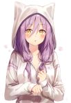  1girl :o animal_hood blush breasts cat_paws cleavage collarbone commentary_request eyebrows_visible_through_hair hair_between_eyes hood long_hair long_sleeves looking_at_viewer low_twintails medium_breasts nonono original paws purple_hair solo twintails upper_body white_background yellow_eyes 