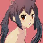  1girl :d animal_ears black_hair blush breasts cat_ears cleavage collarbone k-on! kikumaru_bunta long_hair looking_at_viewer nakano_azusa nude open_mouth orange_eyes portrait red_background simple_background small_breasts smile solo twintails 