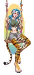  5_fingers animal_humanoid blue_hair breasts clothed clothing felid felid_humanoid female hair hi_res humanoid looking_at_viewer mammal midriff navel pantherine pantherine_humanoid rayley simple_background sitting smile solo tiger tiger_humanoid 