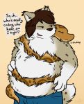  ambiguous_gender brown_hair captainzepto choob clothing coiling felid feline fluffy fur hair lynx male mammal multicolored_fur multicolored_scales open_mouth overweight reptile scales scalie simple_background snake tan_background 