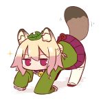  1girl all_fours animal_ears bangs bell bell_collar blonde_hair blush brown_collar brown_footwear collar eyebrows_visible_through_hair full_body green_shirt hair_between_eyes hair_bun hair_ornament jingle_bell kemomimi-chan_(naga_u) leaf leaf_on_head long_sleeves naga_u original pleated_skirt purple_skirt raccoon_ears raccoon_girl raccoon_tail red_eyes ribbon-trimmed_sleeves ribbon_trim shadow shirt sidelocks skirt sleeves_past_fingers sleeves_past_wrists solo sparkle tail tail_raised thighhighs white_background white_legwear 