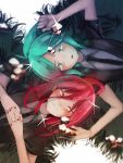  2others ahoge androgynous aqua_eyes aqua_hair blush colored_eyelashes gem_uniform_(houseki_no_kuni) grass green_eyes green_hair hair_between_eyes highres houseki_no_kuni long_bangs looking_at_viewer lying mercury multiple_others necktie on_back phosphophyllite red_eyes red_hair shinsha_(houseki_no_kuni) short_hair 