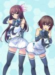  2girls black_gloves black_legwear black_neckwear black_sailor_collar blue_background brown_eyes brown_hair closed_mouth commentary_request cosplay elbow_gloves feet_out_of_frame fingers_together gloves gradient_hair hair_ornament highres honeycomb_(pattern) honeycomb_background inu3 kantai_collection kisaragi_(kantai_collection) leaning_forward long_hair looking_at_viewer multicolored_hair multiple_girls mutsuki_(kantai_collection) neckerchief open_mouth red_hair sailor_collar samidare_(kantai_collection) samidare_(kantai_collection)_(cosplay) school_uniform serafuku shirt short_hair skirt sleeveless sleeveless_shirt smile standing suzukaze_(kantai_collection) suzukaze_(kantai_collection)_(cosplay) thighhighs upper_teeth white_skirt zettai_ryouiki 