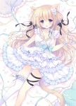  1girl :d animal_ear_fluff animal_ears asymmetrical_legwear bangs bed_sheet black_bow blue_flower blush bow cat_ears dress eyebrows_visible_through_hair flower frilled_dress frilled_legwear frilled_pillow frills hair_between_eyes hair_bow hair_flower hair_ornament hand_up hasekura_chiaki highres holding holding_ribbon layered_dress light_brown_hair long_hair looking_at_viewer lying on_back open_mouth original panties pillow pink_ribbon pleated_dress polka_dot purple_eyes purple_flower ribbon single_thighhigh smile solo thighhighs underwear very_long_hair white_dress white_legwear white_panties wrist_cuffs 