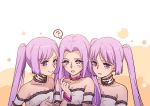  3girls ? armband choker collarbone euryale fate/grand_order fate/stay_night fate_(series) lace lace_choker long_hair looking_at_viewer multiple_girls pink_collar pointing pointing_at_self ponytail purple_eyes purple_hair rider siblings sisters smile spoken_question_mark stheno twintails wonderfulwaterr 