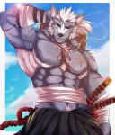  2019 617foreverwithy abs anthro biceps canid canine canis clothing digital_media_(artwork) fur hair hi_res male mammal muscular muscular_male pecs scar solo wolf 