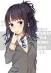  1girl amidada black_eyes black_hair blazer blush brown_sweater buttons character_name closed_mouth collared_shirt dated finger_to_mouth flying_sweatdrops grey_jacket hand_up happy_birthday highres idolmaster idolmaster_shiny_colors jacket kazano_hiori long_hair long_sleeves looking_at_viewer mole mole_under_mouth necktie ponytail school_uniform shirt sidelocks smile solo striped striped_neckwear sweat sweater upper_body white_shirt wing_collar 