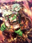  1girl blush bow breasts clenched_teeth cloak commission elf gloves goblin_slayer! green_eyes green_hair hair_bow high_elf_archer_(goblin_slayer!) ikemura_hiroichi long_hair looking_at_viewer navel open_mouth pointy_ears shiny shiny_hair shorts sidelocks small_breasts solo teeth thighhighs torn_clothes 