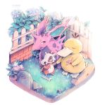  bone caomor commentary creatures_(company) cubone english_commentary eyes_closed fence flower game_freak gen_1_pokemon grave hand_holding holding holding_flower nidoran nintendo no_humans pink_flower plant pokemon psyduck simple_background tombstone traditional_media twitter_username watercolor_(medium) white_background 