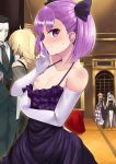  1boy 1other 3girls ballroom bangs bare_shoulders blush breasts caster_(fate/zero) chevalier_d&#039;eon_(fate/grand_order) collarbone dress dress_pull elbow_gloves fate/apocrypha fate/grand_order fate_(series) finger_to_mouth gilles_de_rais_(fate/grand_order) gloves hair_ribbon helena_blavatsky_(fate/grand_order) index_finger_raised indoors jeanne_d&#039;arc_(fate) jeanne_d&#039;arc_(fate)_(all) looking_at_viewer marie_antoinette_(fate/grand_order) multiple_girls oppai_challenge purple_dress purple_eyes purple_hair purple_ribbon ribbon senbon_tsuki short_hair shushing small_breasts solo_focus white_gloves 