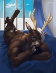  2019 anthro antlers bed brown_fur cervid cervine digital_media_(artwork) fur hair horn inside looking_at_viewer male mammal muscular muscular_male nude smile solo tintiai 