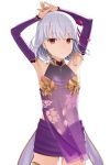  1girl absurdres armpits arms_up bangs bare_shoulders closed_mouth collarbone commentary_request detached_sleeves dress earrings eyebrows_visible_through_hair fate/grand_order fate_(series) hair_between_eyes highres jewelry kama_(fate/grand_order) long_sleeves navel purple_dress purple_skirt purple_sleeves red_eyes ring sanbe_futoshi see-through silver_hair simple_background skirt sleeveless sleeveless_dress smile solo white_background 