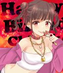  1girl :p amidada bandeau bare_shoulders blush breasts brown_hair candy chains cleavage collar collarbone crop_top double_bun food hair_ornament hand_up happy_birthday holding idolmaster idolmaster_shiny_colors jacket jewelry leaning_forward lock lollipop long_hair long_sleeves looking_at_viewer medium_breasts midriff necklace off_shoulder open_clothes open_jacket padlock purple_jacket red_eyes sidelocks smile solo sonoda_chiyoko tongue tongue_out twintails upper_body v-shaped_eyebrows 