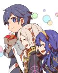  1boy armor blue_eyes blue_hair blush cape father_and_daughter female_my_unit_(fire_emblem:_kakusei) fire_emblem fire_emblem:_kakusei gloves krom long_hair lucina mamkute my_unit_(fire_emblem:_kakusei) nintendo open_mouth short_hair shunrai smile tiara twintails white_hair 