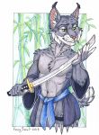  2019 5_fingers anthro bamboo belt clothing felid feline foxysoul fur green_eyes grey_fur hi_res japanese_clothing katana kimono kunai lynx male mammal melee_weapon navel signature smile solo sword weapon white_fur 