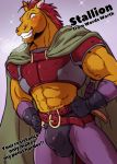  2019 abs anthro armor black_eyes blush breath brown_fur bulge cape clothing equid equine fur gloves gradient_background green_topwear grey_topwear hair horse looking_at_viewer male mammal maririn melee_weapon pink_background pose purple_bottomwear red_hair red_topwear simple_background sparkle speedo stallion_(character) standing swimsuit sword weapon words_worth 