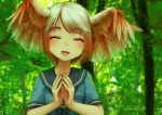  1girl :d ^_^ blue_serafuku closed_eyes commentary_request day eyes_closed facing_viewer forest gradient_hair hands_together happy head_wings multicolored_hair nature open_mouth original outdoors red_hair short_hair short_sleeves signature smile solo spread_wings steepled_fingers tokiko_(welt_(kinsei_koutenkyoku)) upper_body welt_(kinsei_koutenkyoku) white_hair 