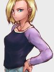  1girl android_18 black_shirt blonde_hair blue_eyes breasts closed_mouth collarbone commentary_request dragon_ball dragon_ball_super earrings grey_background hand_on_hip jewelry long_sleeves looking_at_viewer shirt short_hair solo st62svnexilf2p9 upper_body 