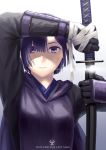  1girl black_gloves cape copyright_name dirty_face gloves highres holding holding_sword holding_weapon inna_the_queen_of_the_ruined_country katana pixiv_fantasia pixiv_fantasia_last_saga purple_eyes purple_hair sheath short_hair solo sweat sword upper_body weapon yukimarunisiki 