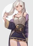  1girl bangs bare_shoulders breasts brown_eyes camisole cleavage coat contrapposto corset cowboy_shot female_my_unit_(fire_emblem:_kakusei) fire_emblem fire_emblem:_kakusei grey_background grin hand_in_hair hand_tattoo highres itou_(very_ito) long_hair medium_breasts my_unit_(fire_emblem:_kakusei) nintendo off_shoulder open_clothes open_coat parted_lips purple_coat purple_skirt silver_hair skirt smile solo swept_bangs teeth twintails two-tone_background 