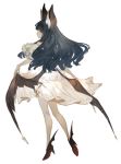  1girl 2017 animal_ears back_turned bangs bare_shoulders bat_ears bat_girl bat_wings black_footwear black_hair blush dated dress full_body fur_trim high_heels holding holding_dress looking_back mikebosi orange_eyes original signature simple_background solo standing white_background white_dress wings 