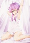  1girl ;o ahoge armpits arms_up bangs bare_legs barefoot bed_sheet blush commentary_request curtains eyebrows_visible_through_hair indoors looking_at_viewer no_pants on_bed one_eye_closed open_mouth purple_eyes purple_hair shirt short_hair_with_long_locks short_sleeves sidelocks sitting solo stretch vocaloid voiceroid waking_up wariza white_shirt yarareimu yawning yuzuki_yukari 