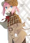  1girl blue_eyes capelet character_name commentary_request cosplay cowboy_shot dated deerstalker detective gloves hat kantai_collection looking_at_viewer pink_hair plaid plaid_background sherlock_holmes sherlock_holmes_(cosplay) shiranui_(kantai_collection) short_hair sidelocks solo the_adventures_of_sherlock_holmes trench_coat twitter_username u_yuz_xx white_gloves 