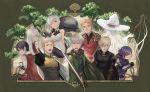  4girls 5boys :/ :o ;) armor arms_behind_back bandage_on_face black_gloves braid brown_background cape clenched_hand copyright_name dress elion_the_king_of_spirits erebas_the_demon_king ethan_the_exiled_hero facial_hair facing_away gideon_(pixiv_fantasia_last_saga) gloves goblet green_cape green_eyes grey_eyes grey_hair hat holding holding_staff holding_sword holding_weapon hood hood_down inna_the_queen_of_the_ruined_country long_hair long_sleeves looking_at_viewer miracera_master_of_the_magic_institute multiple_boys multiple_girls niggurath_the_ancient_tree_branch one_eye_closed pale_skin pixiv_fantasia pixiv_fantasia_last_saga pointy_ears purple_hair rackety red_cape red_eyes short_hair sleeveless sleeveless_dress smile staff standing stubble sword tree vector_guild_chief very_long_hair weapon white_hair white_headwear wizard_hat 
