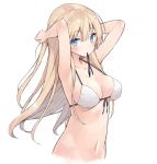  1girl armpits arms_up bangs bare_arms bare_shoulders bikini_top blonde_hair blue_eyes blush breasts cleavage closed_mouth collarbone commentary_request copyright_request eyebrows_visible_through_hair hair_tie hairdressing long_hair looking_at_viewer medium_breasts mouth_hold navel poco_(asahi_age) solo stomach upper_body very_long_hair white_bikini_top 