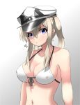  1girl bangs bare_shoulders bikini black_ribbon blonde_hair blue_eyes breasts cleavage closed_mouth collarbone erect_nipples flying_sweatdrops front-tie_bikini front-tie_top gradient gradient_background graf_zeppelin_(kantai_collection) grey_background hair_between_eyes hat highres kantai_collection long_hair looking_at_viewer medium_breasts navel peaked_cap pouty_lips ribbon sakuramai_(sakuramai_0525) sidelocks solo swimsuit twintails upper_body white_bikini white_headwear 